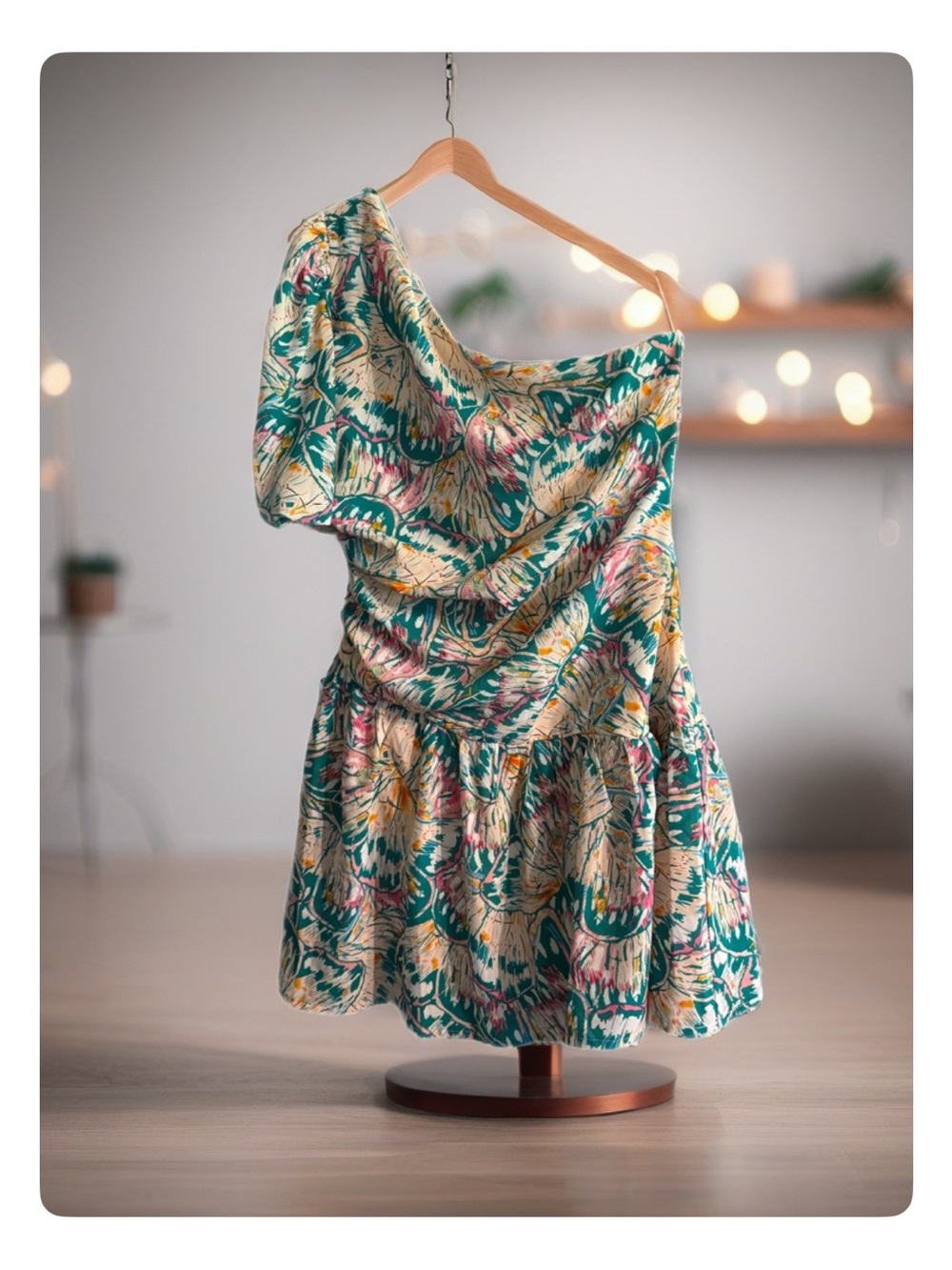 She + Sky Floral One-Shoulder Dress in Teal, Pink & Yellow